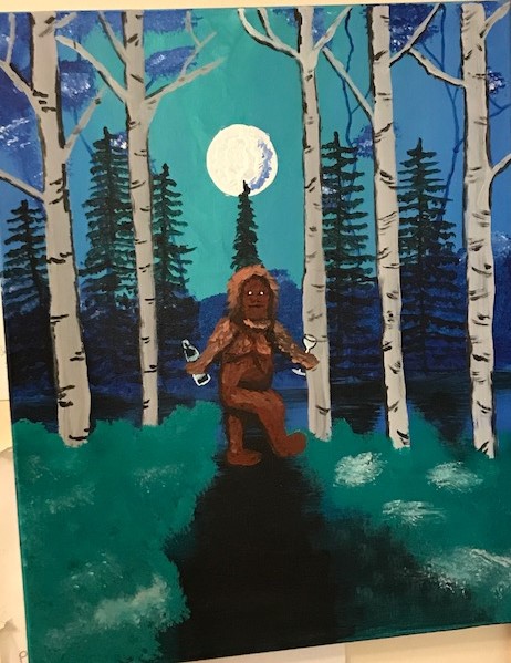 A very bad painting of a sasquatch in a forest